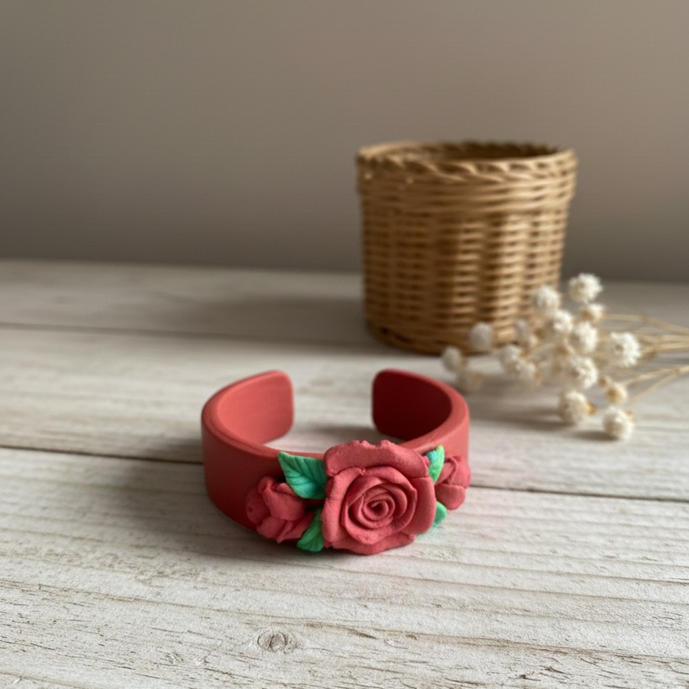 Handmade Red Rose Cuff Bracelet, Romantic Artisan Jewelry Polymer Clay Bracelet - Picture 2 of 9